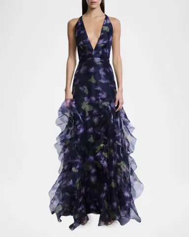 BCBGMAXAZRIA Low-Back Deep V-Neck Organza Gown | Thumbnail 2