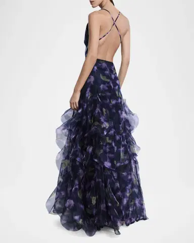 BCBGMAXAZRIA Low-Back Deep V-Neck Organza Gown | Thumbnail 3