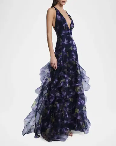 BCBGMAXAZRIA Low-Back Deep V-Neck Organza Gown | Thumbnail 4