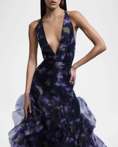 BCBGMAXAZRIA Low-Back Deep V-Neck Organza Gown | Thumbnail 5