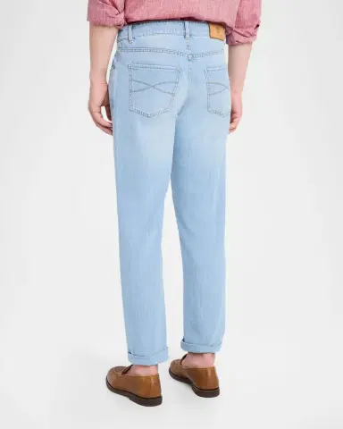 Brunello Cucinelli Men's Light-Wash Denim Tapered-Leg Jeans | Thumbnail 3 Brunello Cucinelli Men's Light-Wash Denim Tapered-Leg Jeans | Thumbnail 3