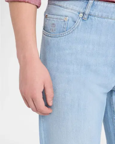 Brunello Cucinelli Men's Light-Wash Denim Tapered-Leg Jeans | Thumbnail 5 Brunello Cucinelli Men's Light-Wash Denim Tapered-Leg Jeans | Thumbnail 5