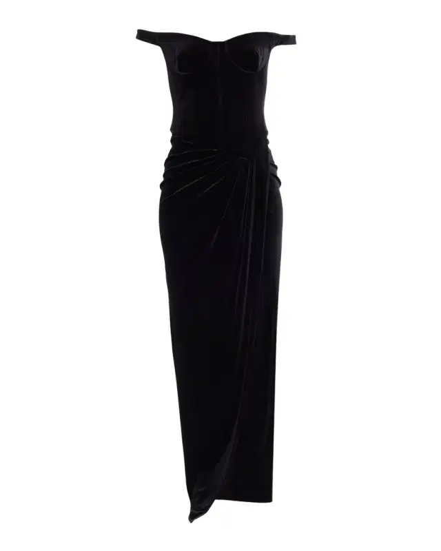 Off-The-Shoulder Velvet Bustier Draped Maxi Dress