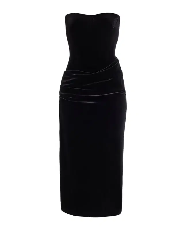 Strapless Velvet Draped Bustier Midi Dress