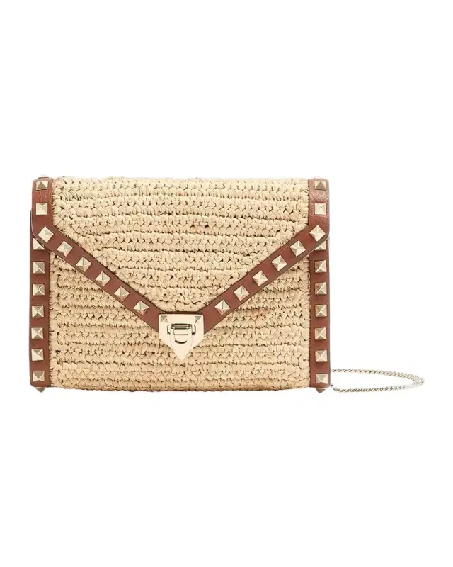 Valentino Garavani Mini Rockstud Raffia Leather-Trim Shoulder Bag