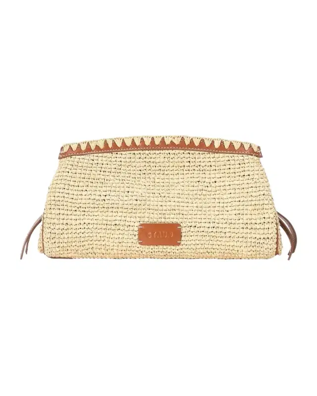 STAUD Maude Leather-Trim Raffia Clutch Bag