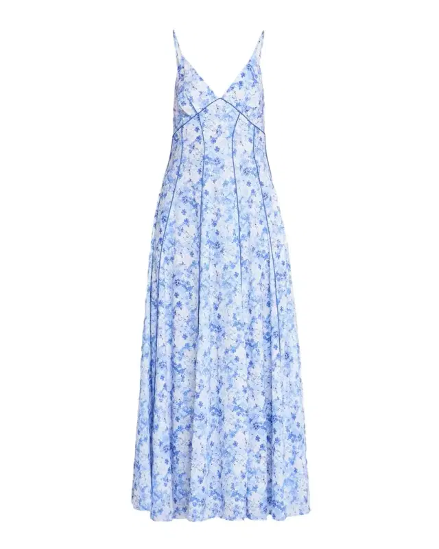 Watercolor Floral-Print Piped Cami Maxi Dress