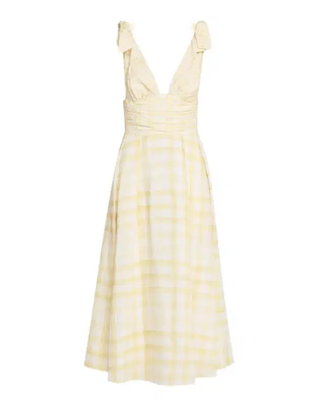Bow Shoulder Gingham Linen Midi Dress