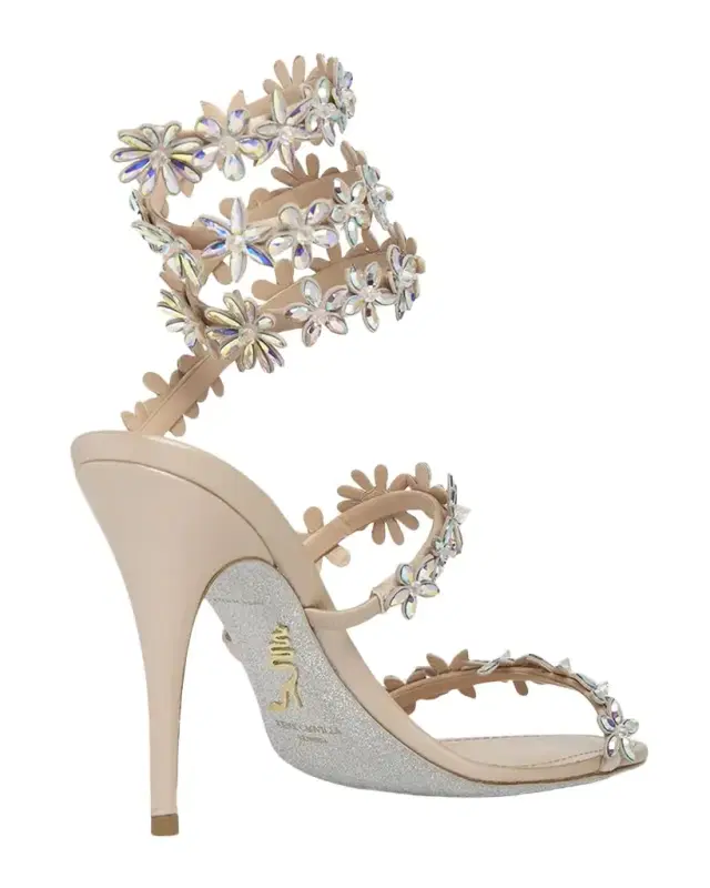 100mm Cleo Flower-Embellished Leather Sandals