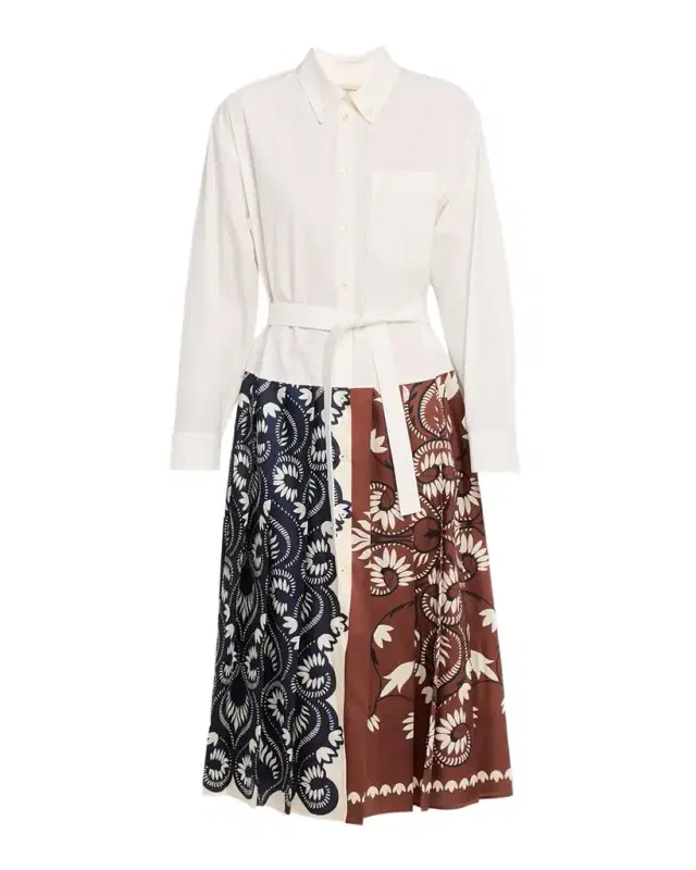 Pleated Twill & Cotton Poplin Midi Shirtdress