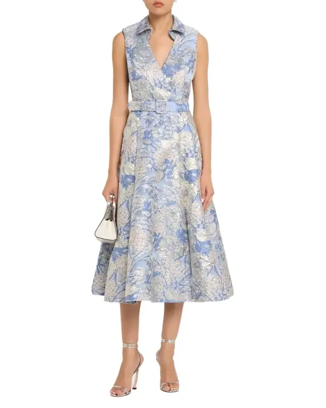 Belted Metallic Floral Jacquard Midi Dress