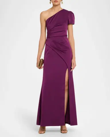 Aidan Mattox Pleated One-Shoulder Crepe Back Satin Gown | Thumbnail 4 Aidan Mattox Pleated One-Shoulder Crepe Back Satin Gown | Thumbnail 4