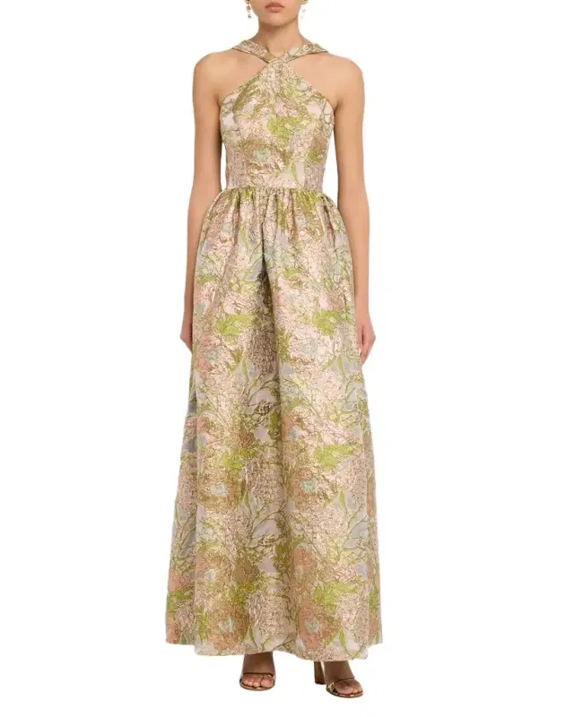 Draped Floral Jacquard Halter Gown