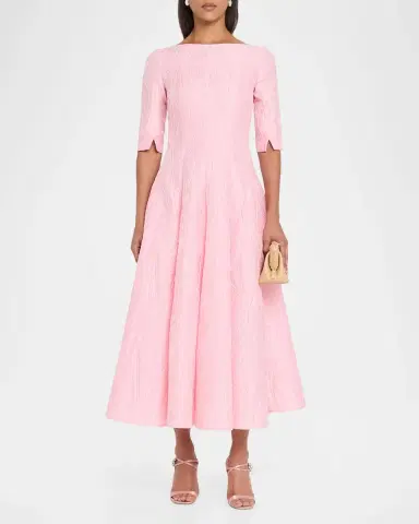 Talbot Runhof 3/4-Sleeve Textured Jacquard Tea-Length Dress | Thumbnail 2 Talbot Runhof 3/4-Sleeve Textured Jacquard Tea-Length Dress | Thumbnail 2