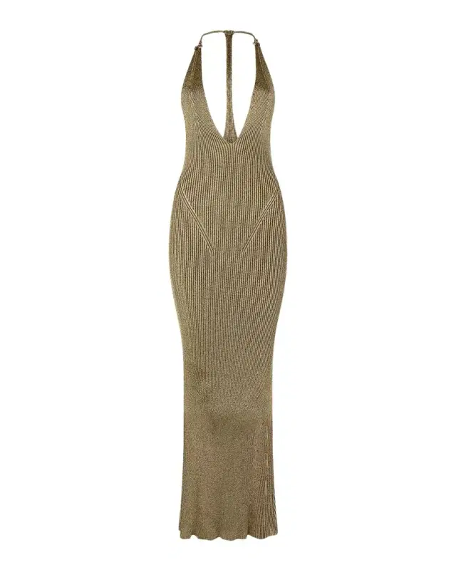 Plunging Metallic Rib Knit Maxi Dress
