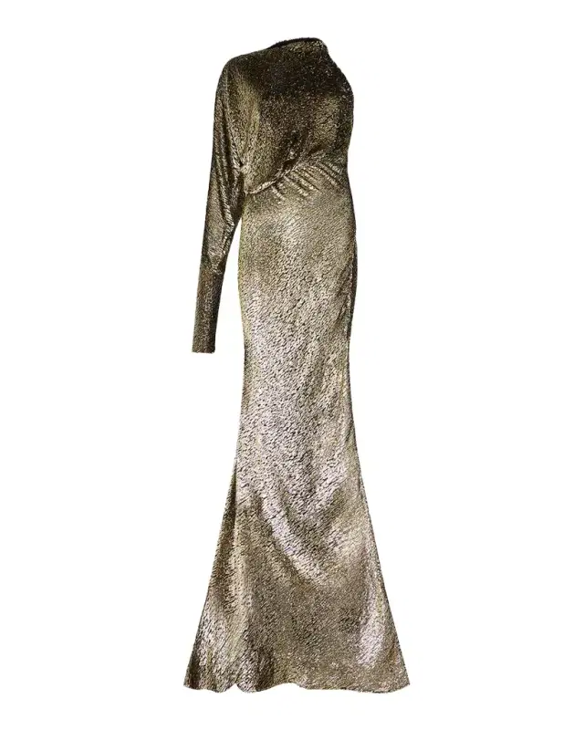 Metallic Leopard Fil Coupe Asymmetric Slit Gown