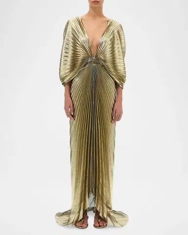 Roberto Cavalli Plunging Pleated Lame Silk Backless Gown | Thumbnail 2
