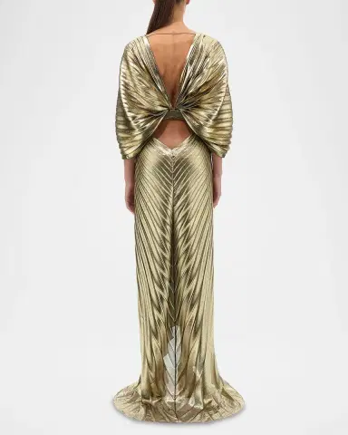 Roberto Cavalli Plunging Pleated Lame Silk Backless Gown | Thumbnail 3