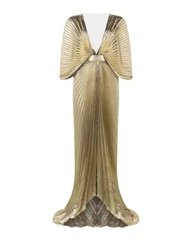 Roberto Cavalli Plunging Pleated Lame Silk Backless Gown | Thumbnail 1