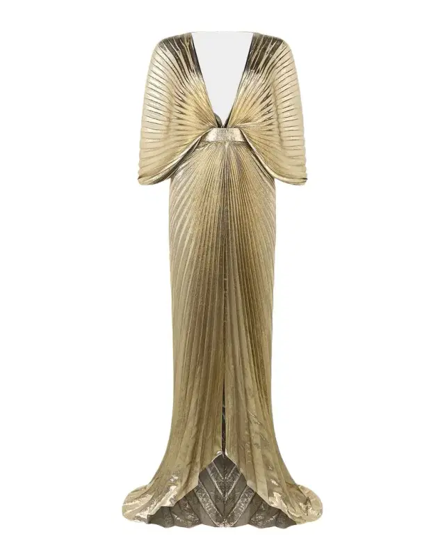 Plunging Pleated Lame Silk Backless Gown