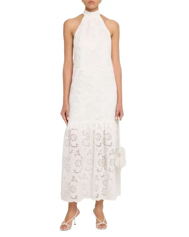 Meadow Floral-Embroidered Halter Midi Dress