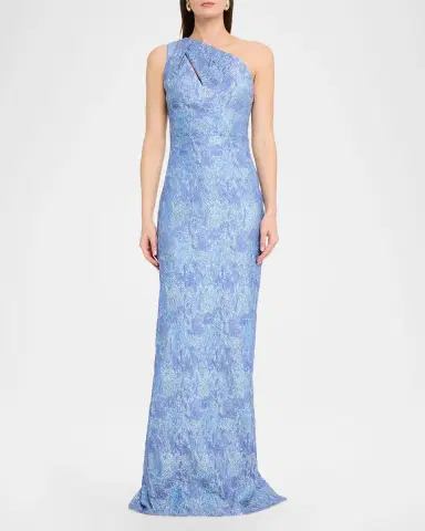 Rickie Freeman for Teri Jon One-Shoulder Metallic Jacquard Column Gown | Thumbnail 2