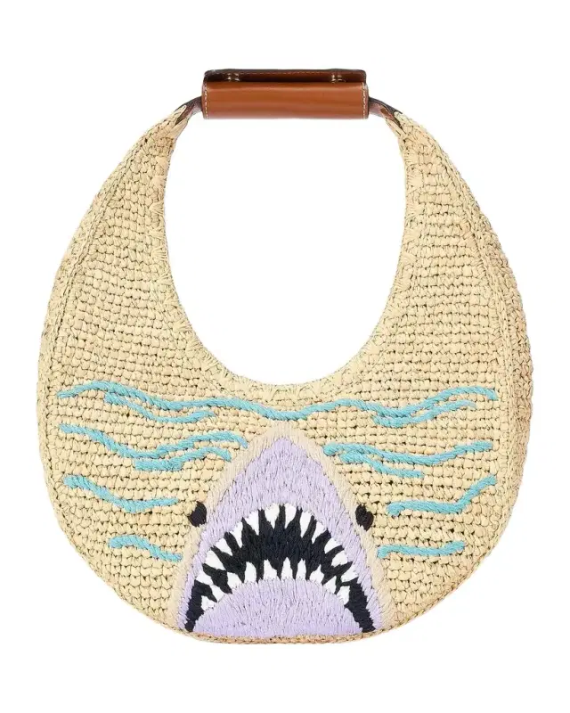 Moon Shark-Embroidered Raffia Shoulder Bag