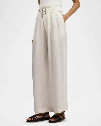 Ralph Lauren Collection Pleated Linen Wide-Leg Paperbag-Waist Ankle Pants With Belt | Thumbnail 3