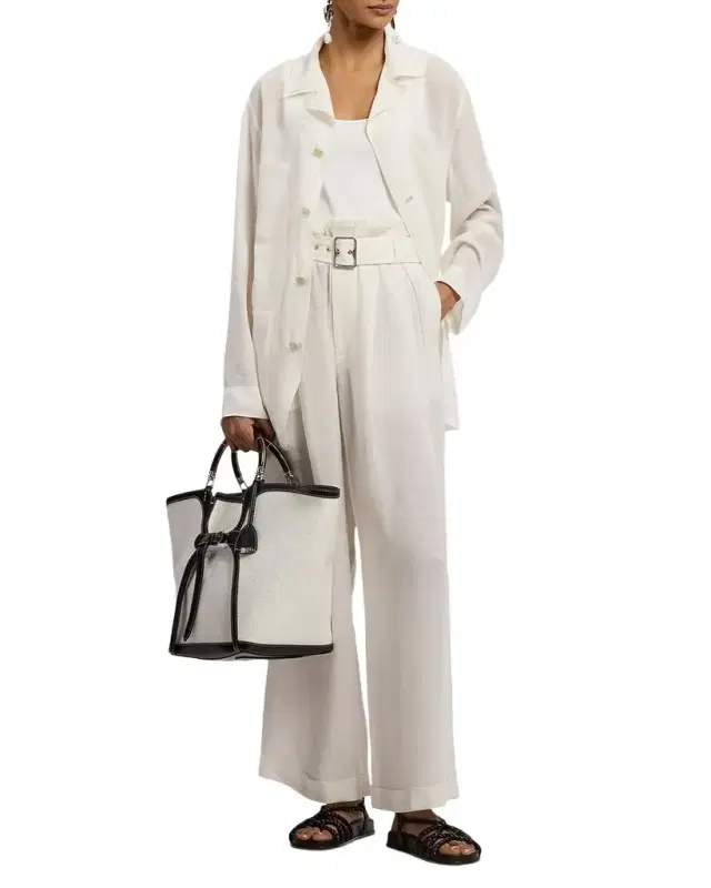 Pleated Linen Wide-Leg Paperbag-Waist Ankle Pants With Belt