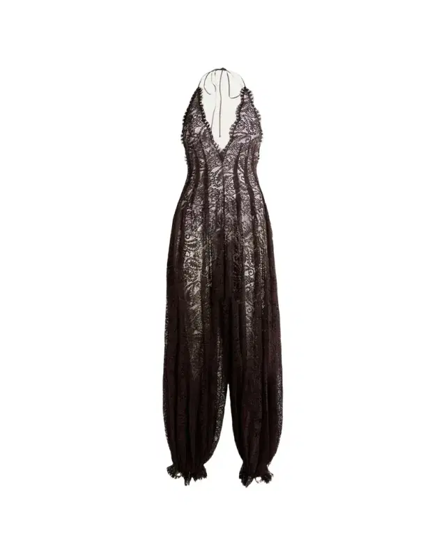 Etro Plunging Halter Lace Balloon-Leg Jumpsuit