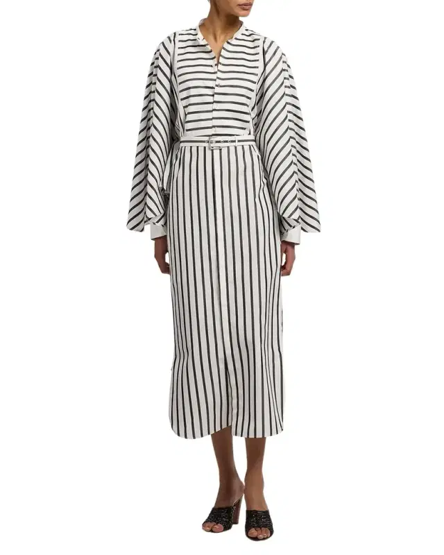Striped Flutter-Sleeve Belted Midi Shirtdress