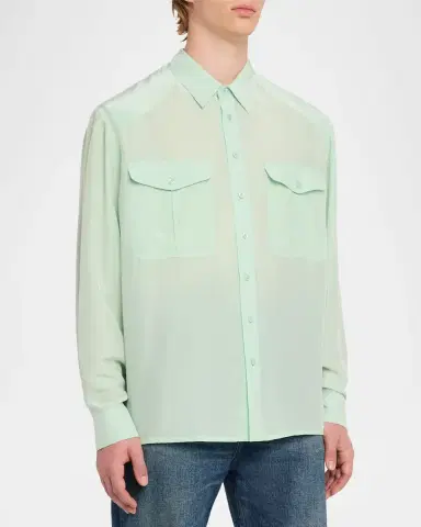 Saint Laurent Men's Viscose and Silk Double-Pocket Button-Down Shirt | Thumbnail 4