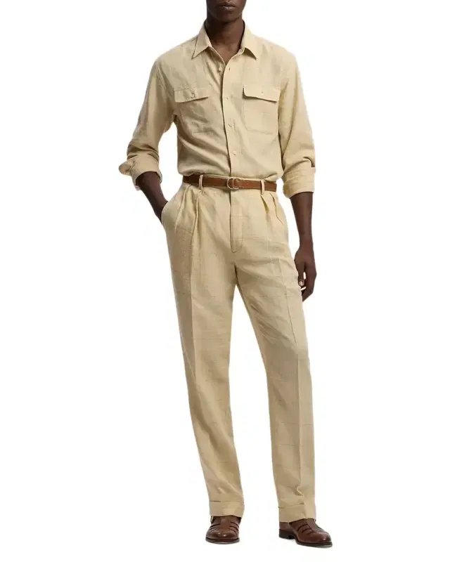 Men 's Linen-Blend Windowpane Pleated Trousers