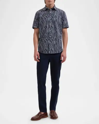 Bugatchi Men's Miles OoohCotton Stripe Leaf Short-Sleeve Shirt | Thumbnail 2 Bugatchi Men's Miles OoohCotton Stripe Leaf Short-Sleeve Shirt | Thumbnail 2