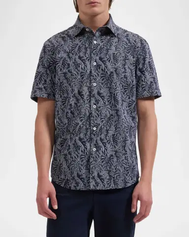 Bugatchi Men's Miles OoohCotton Stripe Leaf Short-Sleeve Shirt | Thumbnail 4 Bugatchi Men's Miles OoohCotton Stripe Leaf Short-Sleeve Shirt | Thumbnail 4
