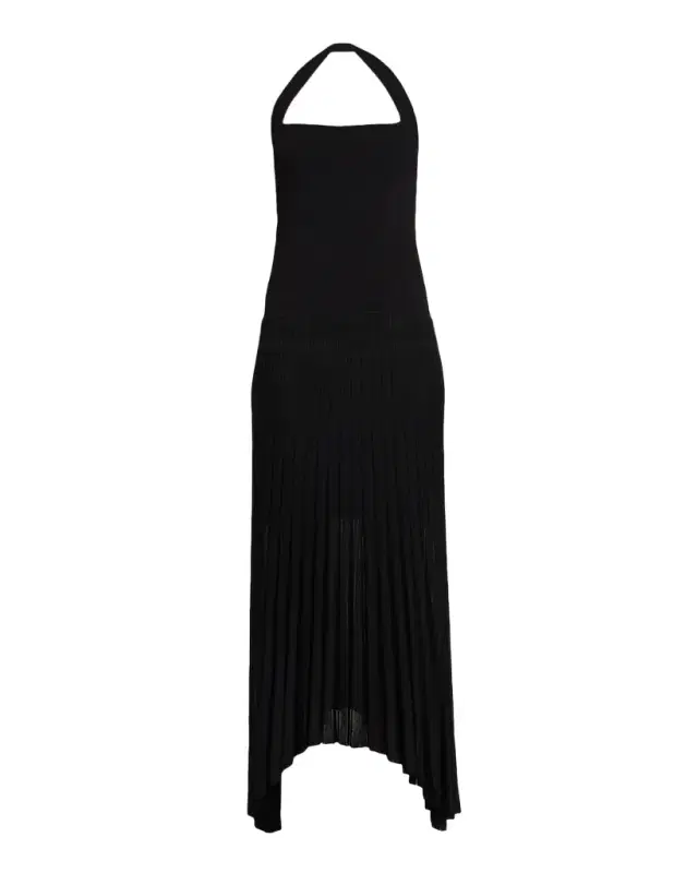 Semi-Sheer Pleated Halter Midi Dress