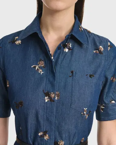 Altuzarra Kieran Sequined Floral Denim Midi Shirtdress With Belt | Thumbnail 4 Altuzarra Kieran Sequined Floral Denim Midi Shirtdress With Belt | Thumbnail 4