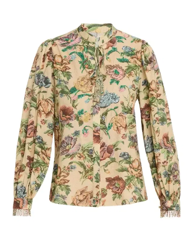 Asher Beaded Floral-Print Cotton Blouse