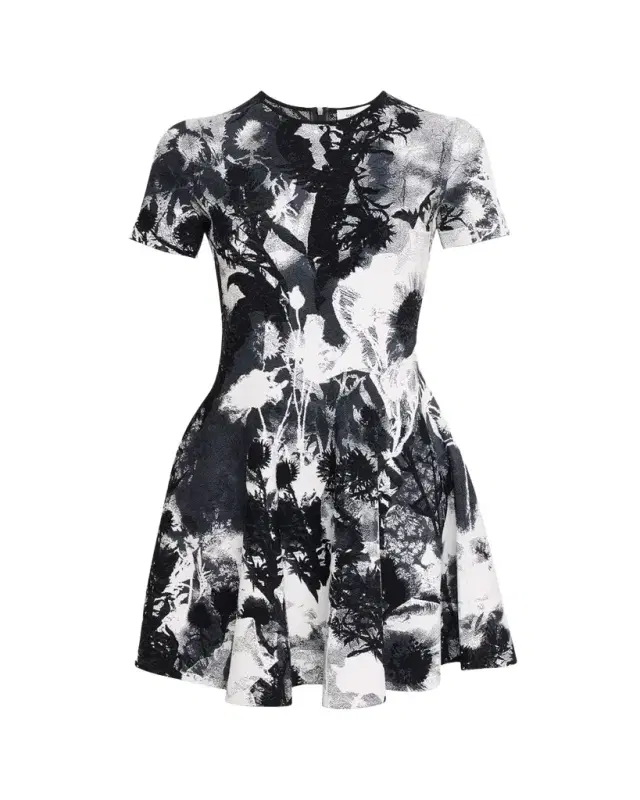 Floral Jacquard Short-Sleeve Mini Dress