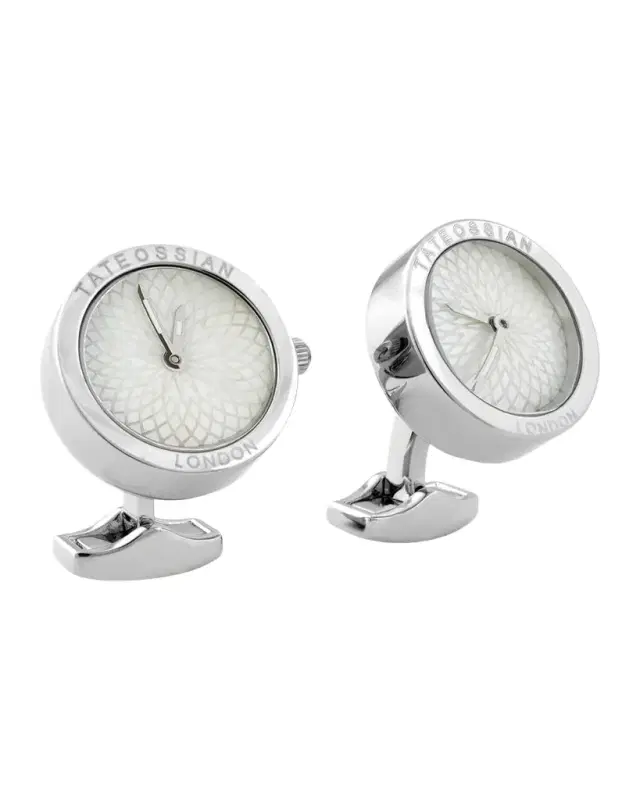Men's Stainless Steel Guilloche Mother of Pearl Watch Cufflinks