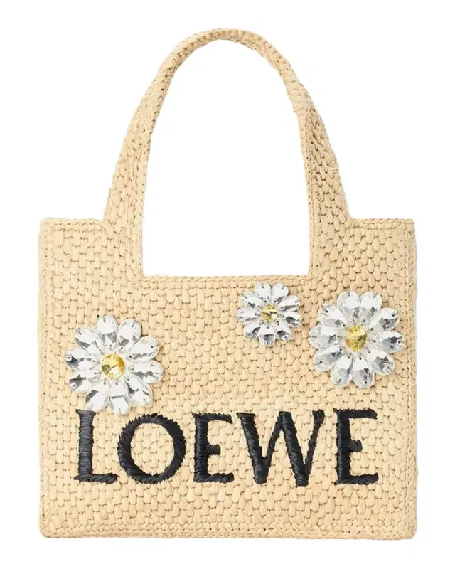 Loewe x Paula 's Ibiza Crystal Floral Applique Raffia Tote Bag