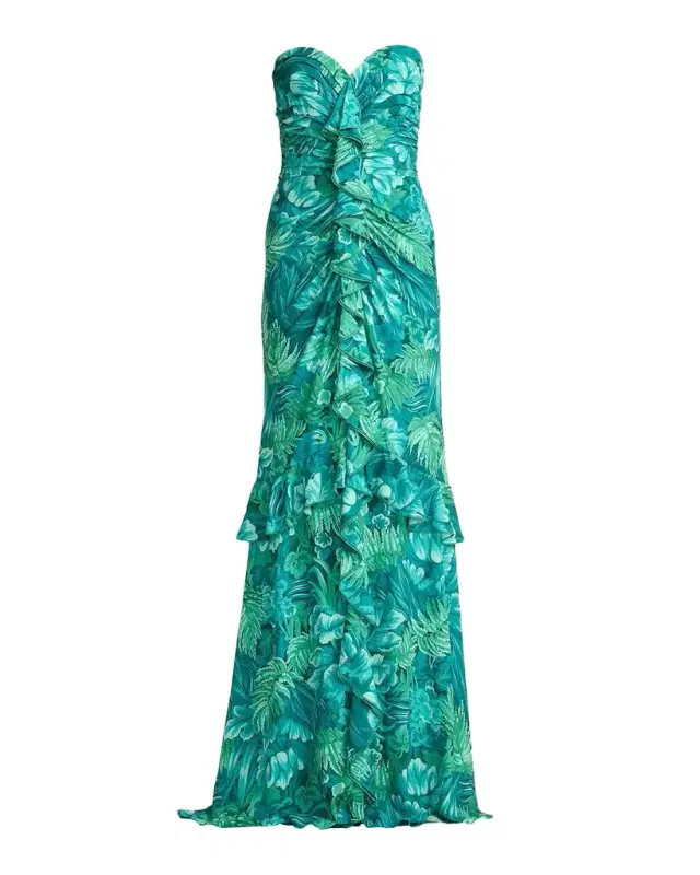 Tadashi Shoji Strapless Botanical-Print Ruffle Gown