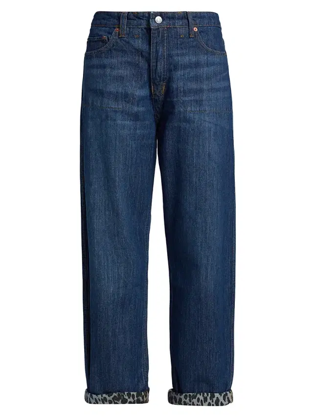 Re/done Women's The Rewind Printed-Cuff Jeans - Dark Santa Cruz Cheetah