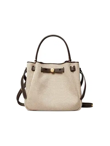 Tory Burch Women's Romy Belted Canvas Bucket Bag - Dusty Almond Bianco White | Thumbnail 1 Tory Burch Women's Romy Belted Canvas Bucket Bag - Dusty Almond Bianco White | Thumbnail 1