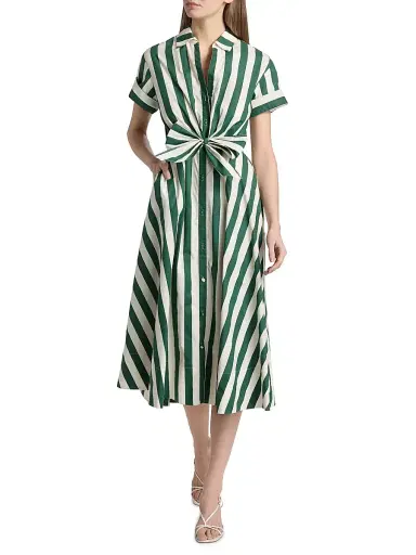 Cara Cara Women's Asbury Striped Cotton Poplin Midi-Shirtdress - Green White Stripe - Size XS | Thumbnail 2