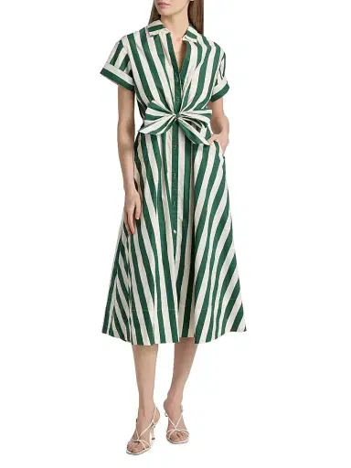 Cara Cara Women's Asbury Striped Cotton Poplin Midi-Shirtdress - Green White Stripe - Size XS | Thumbnail 3