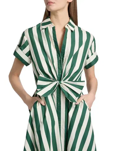 Cara Cara Women's Asbury Striped Cotton Poplin Midi-Shirtdress - Green White Stripe - Size XS | Thumbnail 6