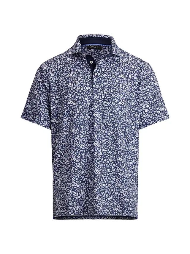 Men's Lightweight Airflow Knit Polo Shirt - Refined Navy Ditsy Hibiscus