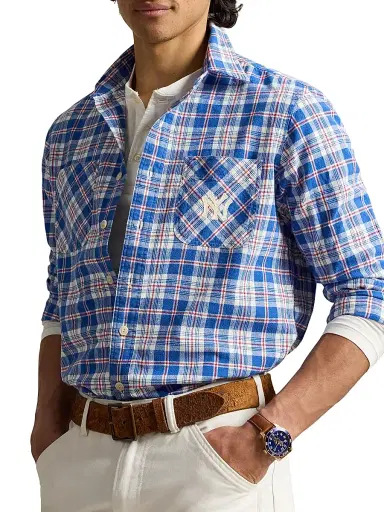 Polo Ralph Lauren Men's Yankees Cotton-Linen Sport Shirt - Blue Red Mutli | Thumbnail 3 Polo Ralph Lauren Men's Yankees Cotton-Linen Sport Shirt - Blue Red Mutli | Thumbnail 3