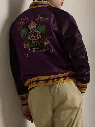 Polo Ralph Lauren Men's Embroidered Satin Bomber Jacket - Burgundy Rose Purple | Thumbnail 3 Polo Ralph Lauren Men's Embroidered Satin Bomber Jacket - Burgundy Rose Purple | Thumbnail 3